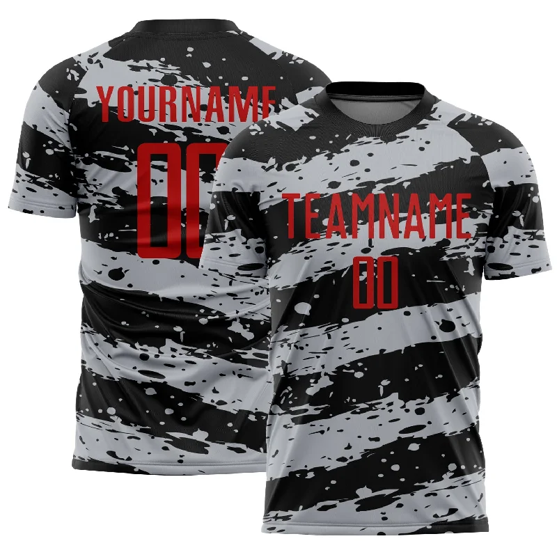 Classic Football Jersey for Game Day-Custom Black Red-Gray Splash Sublimation Soccer Uniform Jersey