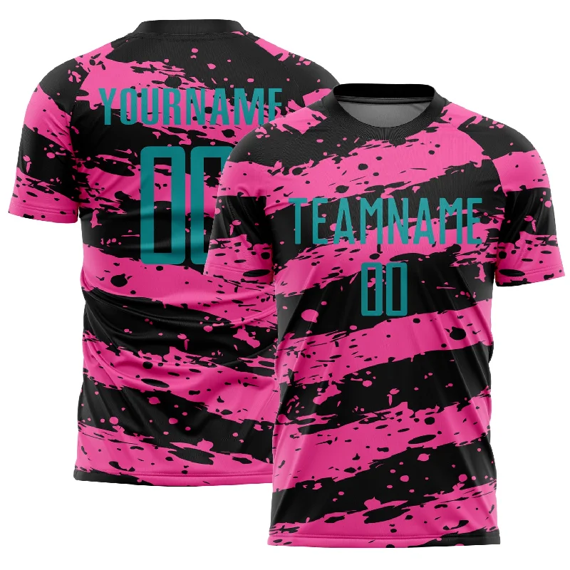 Breathable Football Jersey for Quick Movements-Custom Black Teal-Pink Splash Sublimation Soccer Uniform Jersey