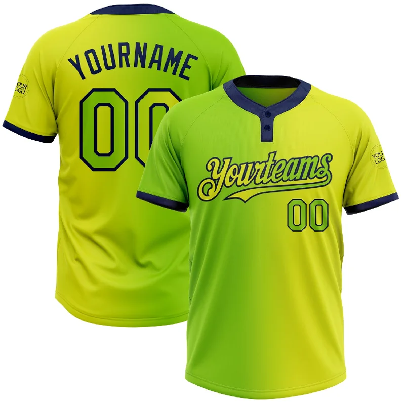 Softball Jersey with Pockets for Convenience-Custom Neon Yellow Neon Green-Navy Gradient Fashion Two-Button Unisex Softball Jersey