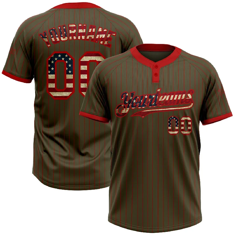 Custom Softball Jersey for Charity Games-Custom Olive Red Pinstripe Vintage USA Flag Salute To Service Two-Button Unisex Softball Jersey