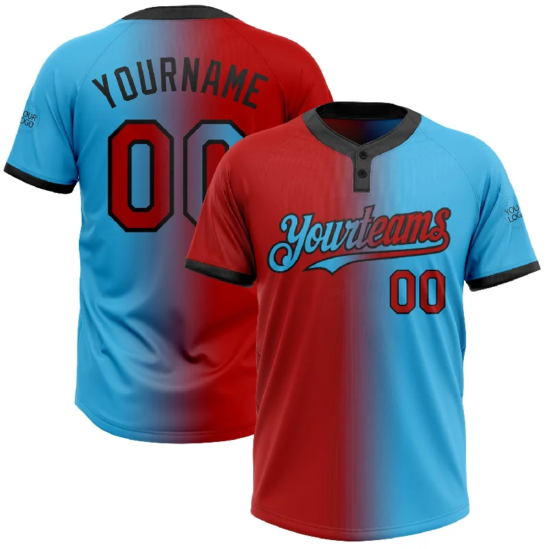 Stylish Softball Jersey with Bold Patterns and Colors-Custom Sky Blue Red-Black Gradient Fashion Two-Button Unisex Softball Jersey