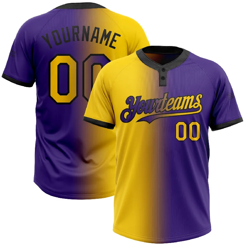 Custom Sublimated Softball Jersey for Professional Teams-Custom Purple Yellow-Black Gradient Fashion Two-Button Unisex Softball Jersey