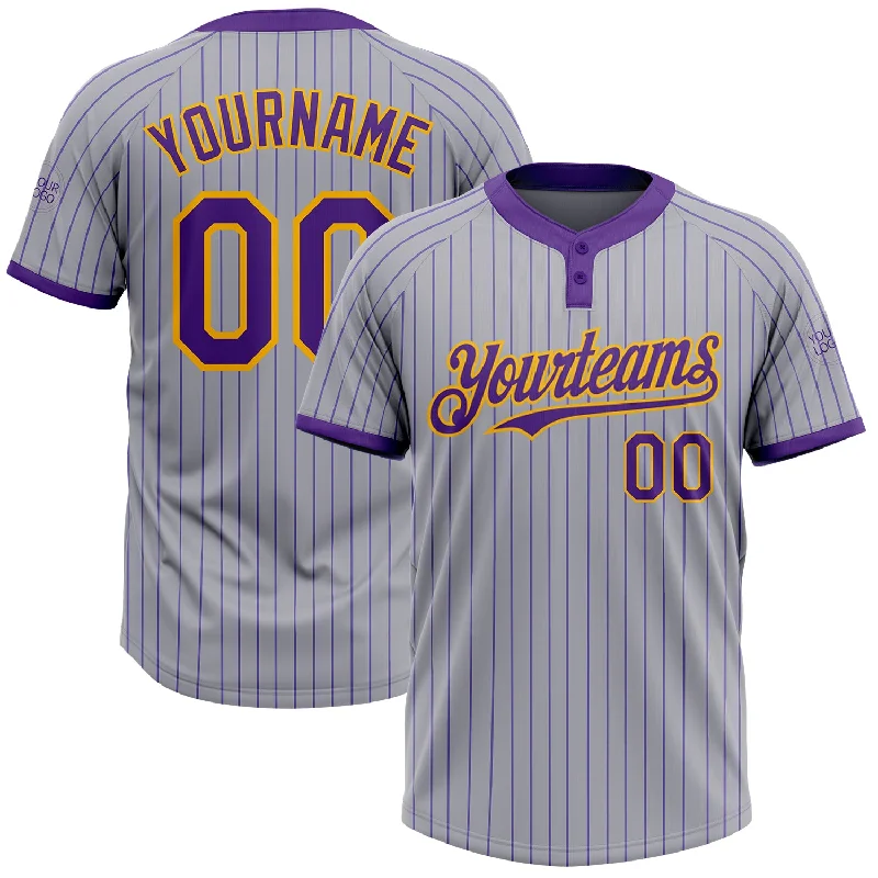 Personalized Softball Jersey for Sports Teams-Custom Gray Purple Pinstripe Gold Two-Button Unisex Softball Jersey