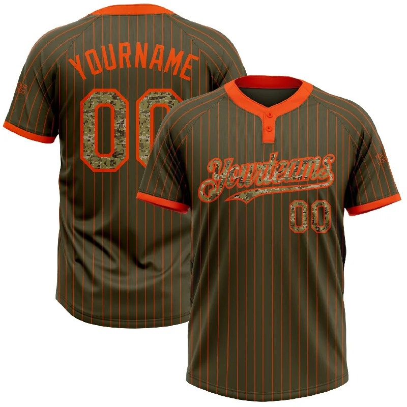 Softball Jersey with Personalized Name and Number-Custom Olive Orange Pinstripe Camo Salute To Service Two-Button Unisex Softball Jersey