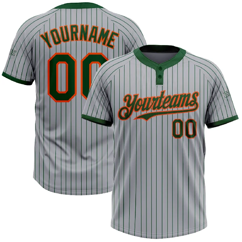 Softball Jersey for High School and College Players-Custom Gray Green Pinstripe Orange Two-Button Unisex Softball Jersey