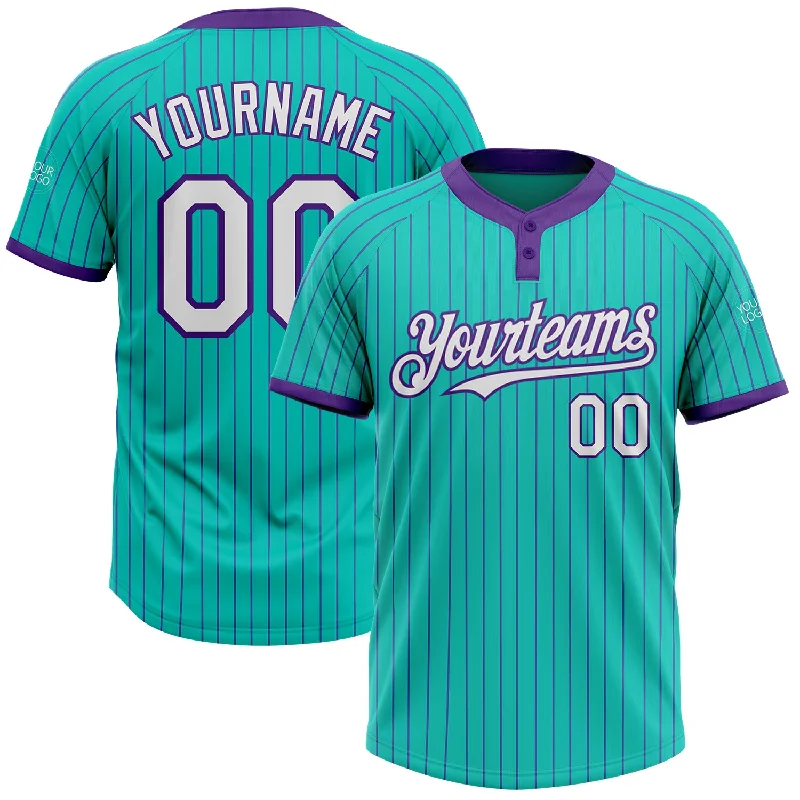 Durable Softball Jersey for Competitive Play-Custom Aqua Purple Pinstripe White Two-Button Unisex Softball Jersey