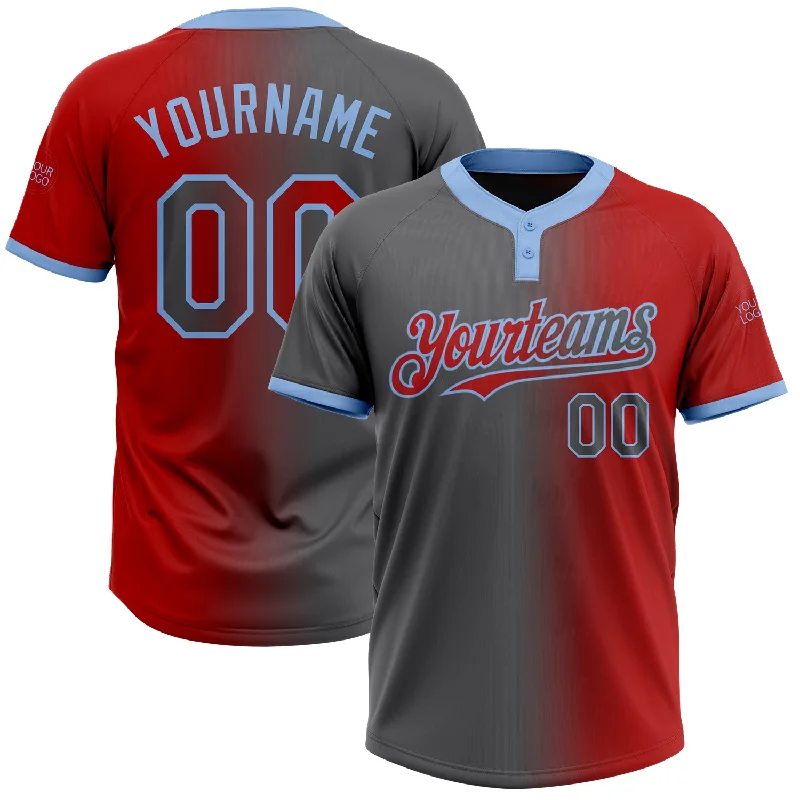 Personalized Softball Jersey for Special Events-Custom Red Steel Gray-Light Blue Gradient Fashion Two-Button Unisex Softball Jersey