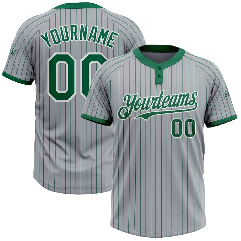 Softball Jersey with Reflective Detailing for Visibility-Custom Gray Kelly Green Pinstripe White Two-Button Unisex Softball Jersey