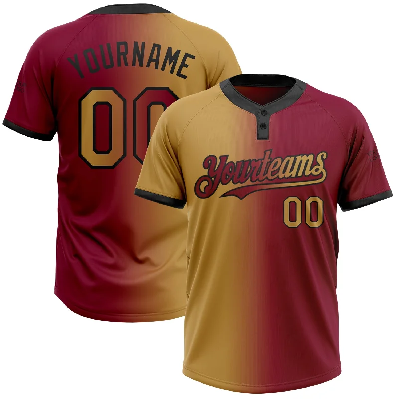 Softball Jersey with Personalized Name and Number-Custom Maroon Old Gold-Black Gradient Fashion Two-Button Unisex Softball Jersey