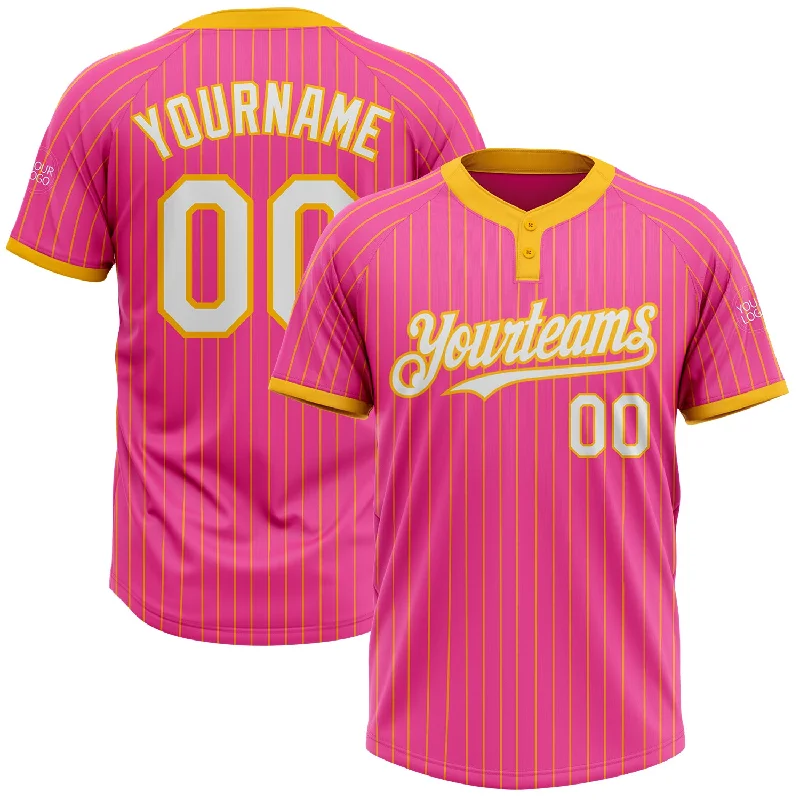 Softball Jersey with Performance Enhancing Features-Custom Pink Gold Pinstripe White Two-Button Unisex Softball Jersey