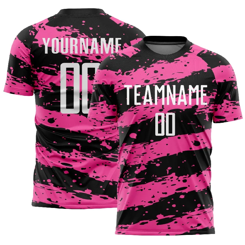 Performance Football Jersey with Stretch Fabric-Custom Black White-Pink Splash Sublimation Soccer Uniform Jersey