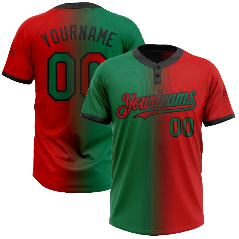 Softball Jersey for High School and College Players-Custom Red Kelly Green-Black Gradient Fashion Two-Button Unisex Softball Jersey