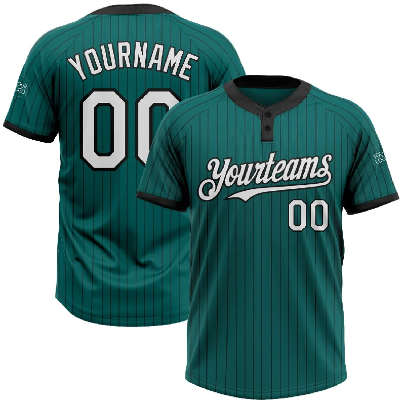 Softball Jersey with Custom Logo for Teams-Custom Teal Black Pinstripe White Two-Button Unisex Softball Jersey