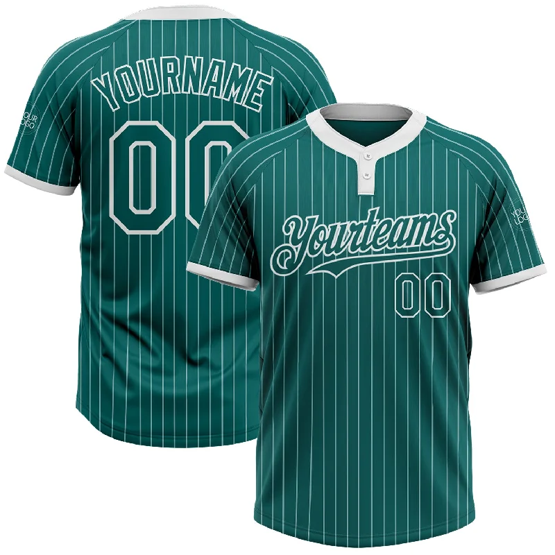 Softball Jersey with Stitched Name and Number-Custom Teal White Pinstripe White Two-Button Unisex Softball Jersey