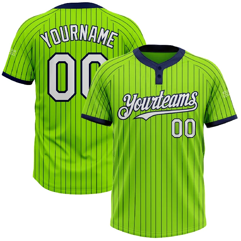 Breathable Mesh Softball Jersey for Better Airflow-Custom Neon Green Navy Pinstripe White Two-Button Unisex Softball Jersey