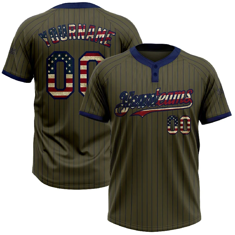 Premium Softball Jersey for International Teams-Custom Olive Navy Pinstripe Vintage USA Flag Salute To Service Two-Button Unisex Softball Jersey