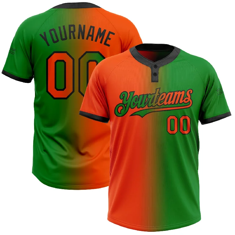 Softball Jersey with Breathable Mesh Inserts for Comfort-Custom Grass Green Orange-Black Gradient Fashion Two-Button Unisex Softball Jersey