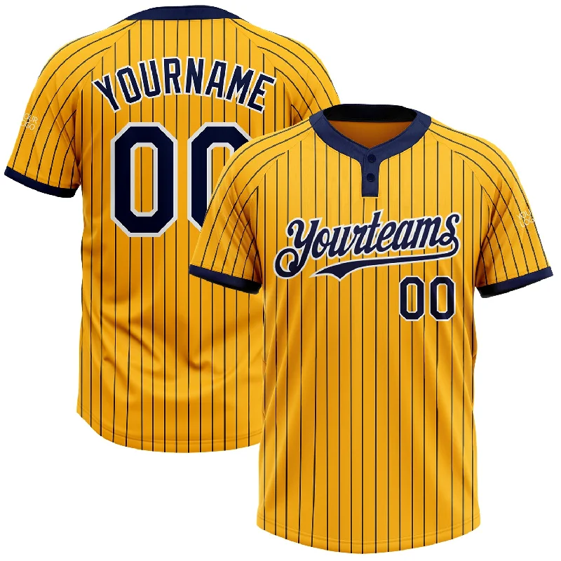 Softball Jersey with Team Logo for Fans-Custom Gold Navy Pinstripe White Two-Button Unisex Softball Jersey