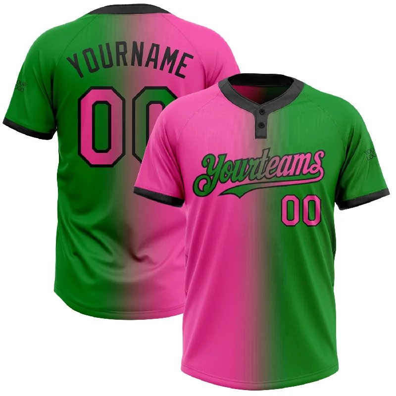 Softball Jersey with Mesh Fabric for Cooling Effect-Custom Grass Green Pink-Black Gradient Fashion Two-Button Unisex Softball Jersey