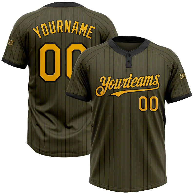 High-Performance Softball Jersey for Athletes-Custom Olive Black Pinstripe Gold Salute To Service Two-Button Unisex Softball Jersey