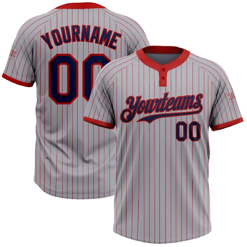 Premium Softball Jersey with Stretch Technology-Custom Gray Red Pinstripe Navy Two-Button Unisex Softball Jersey