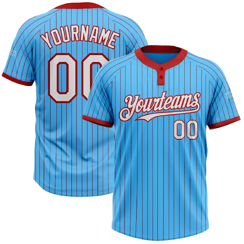 Softball Jersey with Number and Name for Customization-Custom Sky Blue Red Pinstripe White Two-Button Unisex Softball Jersey