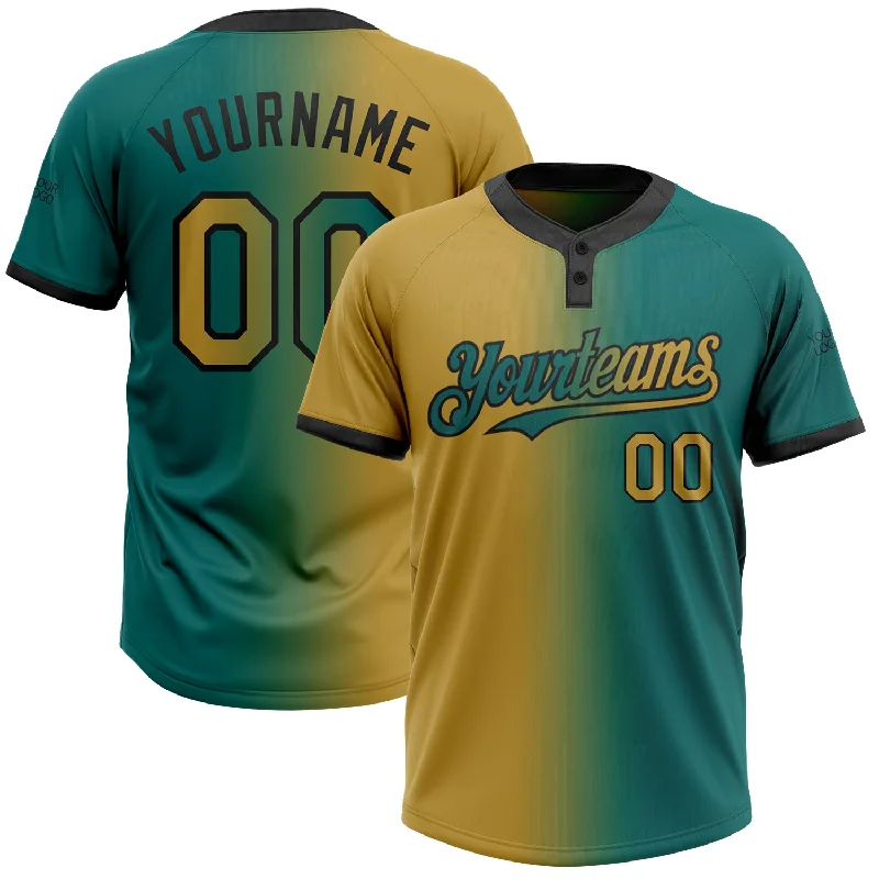 Official Softball Jersey for League Play-Custom Teal Old Gold-Black Gradient Fashion Two-Button Unisex Softball Jersey