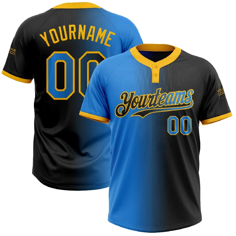 Classic White Softball Jersey for Timeless Appeal-Custom Black Electric Blue-Gold Gradient Fashion Two-Button Unisex Softball Jersey