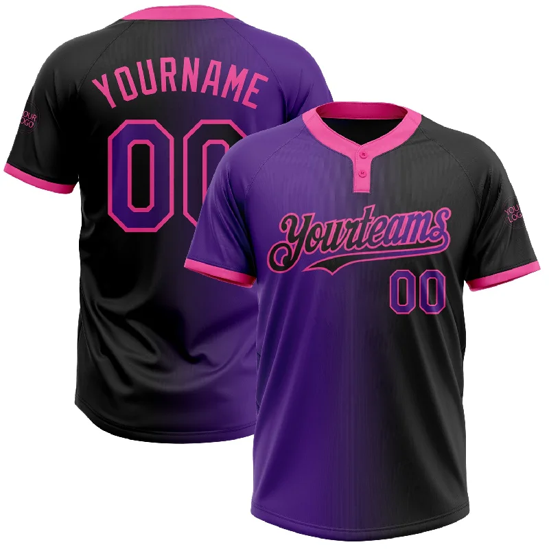 Classic Softball Jersey for Traditional Style-Custom Black Purple-Pink Gradient Fashion Two-Button Unisex Softball Jersey