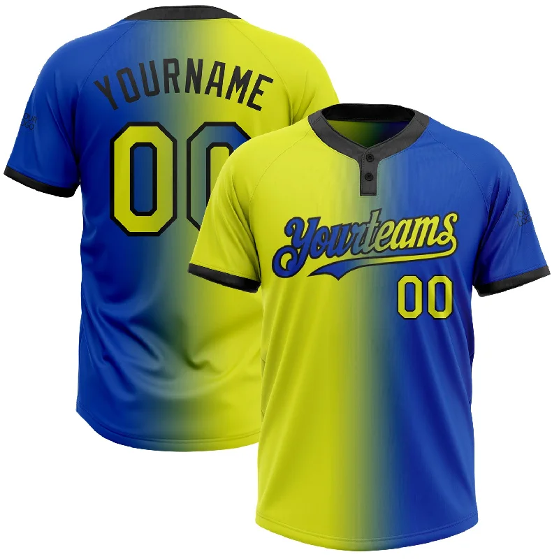 Softball Jersey with Reflective Detailing for Visibility-Custom Thunder Blue Neon Yellow-Black Gradient Fashion Two-Button Unisex Softball Jersey