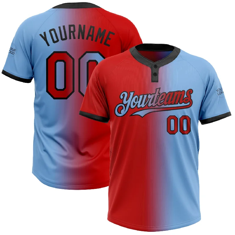 Stylish Softball Jersey for Off-Court Fashion-Custom Light Blue Red-Black Gradient Fashion Two-Button Unisex Softball Jersey