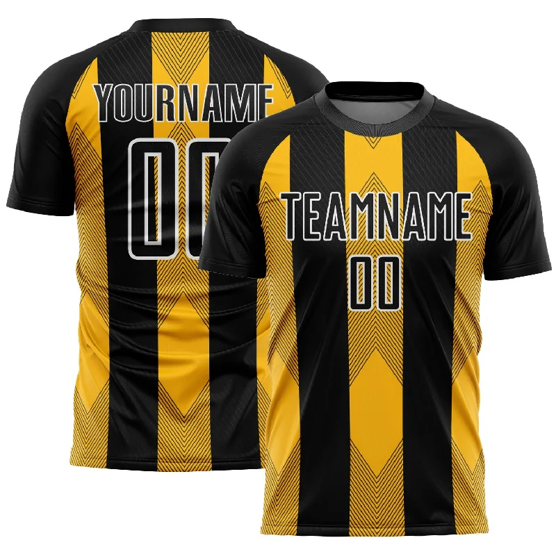 Stylish Football Jersey with Graphics and Text-Custom Black Gold-White Line Sublimation Soccer Uniform Jersey