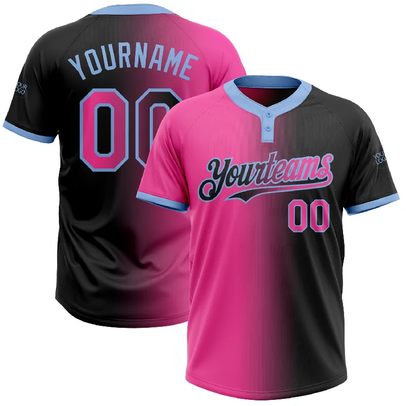 Trendy Softball Jersey for Sports Fashionistas-Custom Black Pink-Light Blue Gradient Fashion Two-Button Unisex Softball Jersey