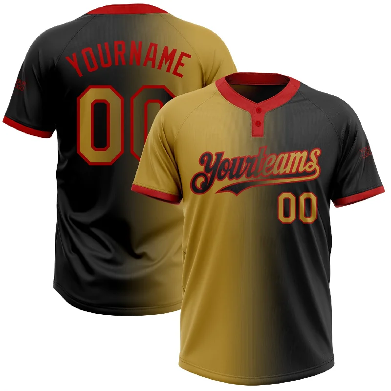 Breathable Softball Jersey for Hot Weather-Custom Black Old Gold-Red Gradient Fashion Two-Button Unisex Softball Jersey