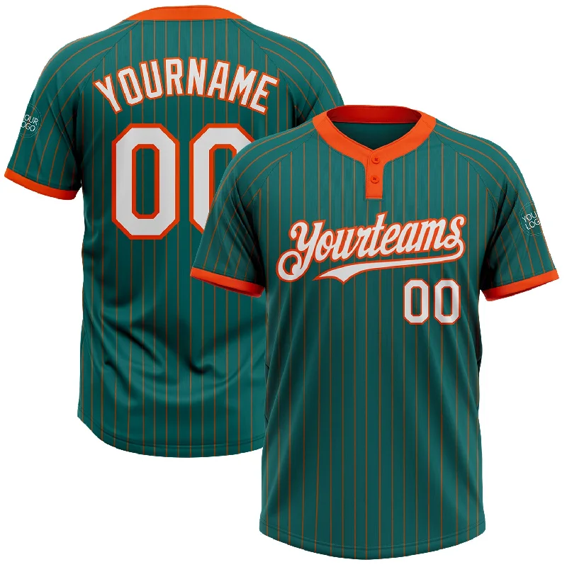 Custom Softball Jersey for College Teams-Custom Teal Orange Pinstripe White Two-Button Unisex Softball Jersey