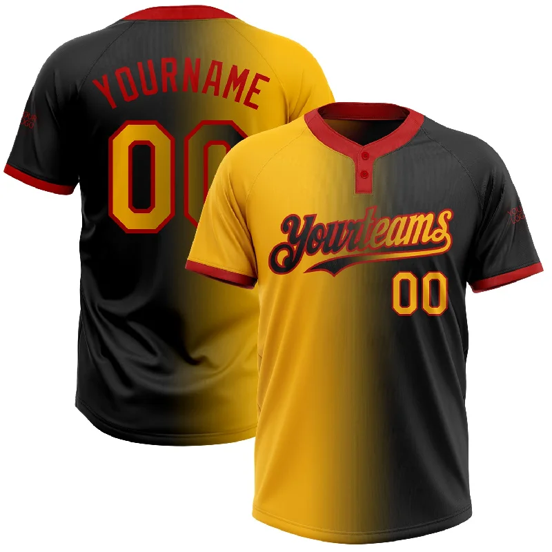 Customizable Softball Jersey for Your Team-Custom Black Gold-Red Gradient Fashion Two-Button Unisex Softball Jersey