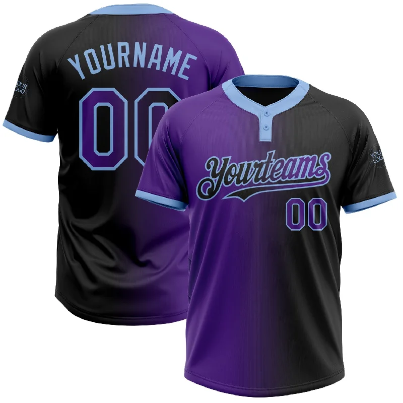 Softball Jersey for Streetwear and Casual Looks-Custom Black Purple-Light Blue Gradient Fashion Two-Button Unisex Softball Jersey