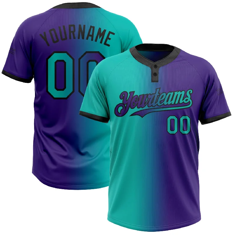 Retro Softball Jersey with Throwback Designs-Custom Purple Aqua-Black Gradient Fashion Two-Button Unisex Softball Jersey