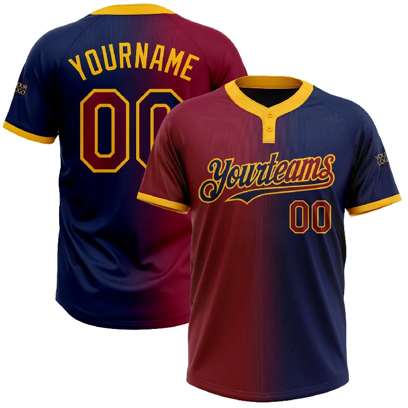 Bold Softball Jersey with Team Colors-Custom Navy Maroon-Gold Gradient Fashion Two-Button Unisex Softball Jersey