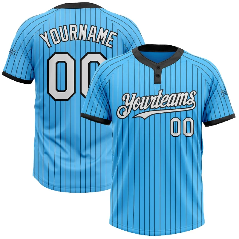 Soft Polyester Softball Jersey for Lightweight Feel-Custom Sky Blue Black Pinstripe White Two-Button Unisex Softball Jersey