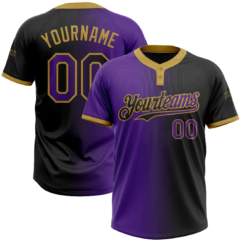 Breathable Mesh Softball Jersey for Better Airflow-Custom Black Purple-Old Gold Gradient Fashion Two-Button Unisex Softball Jersey