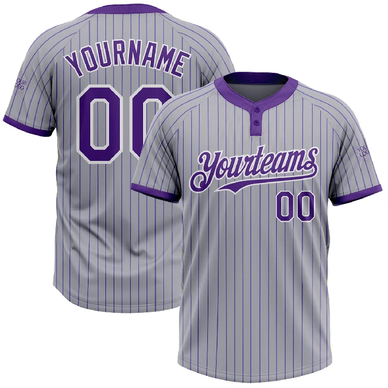 Soft Softball Jersey for Casual Wear-Custom Gray Purple Pinstripe White Two-Button Unisex Softball Jersey