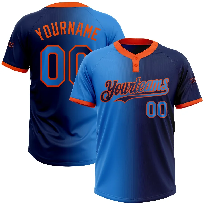 Softball Jersey with Mesh Panels for Ventilation-Custom Navy Electric Blue-Orange Gradient Fashion Two-Button Unisex Softball Jersey