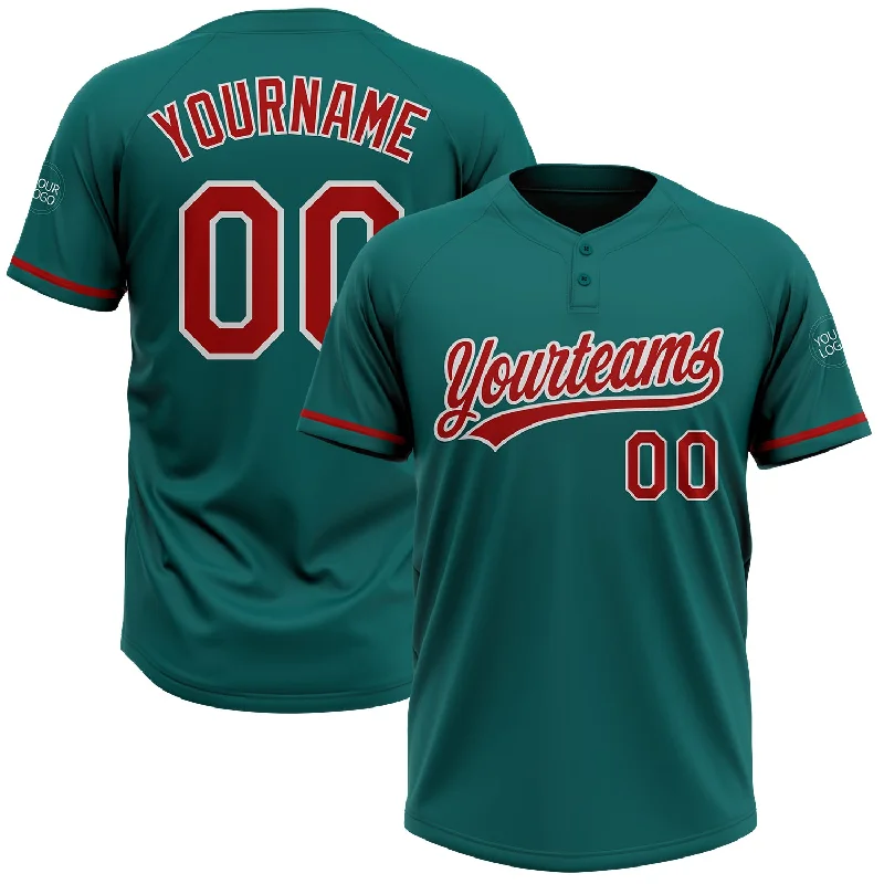 Breathable Softball Jersey for Quick Movements-Custom Teal Red-White Two-Button Unisex Softball Jersey