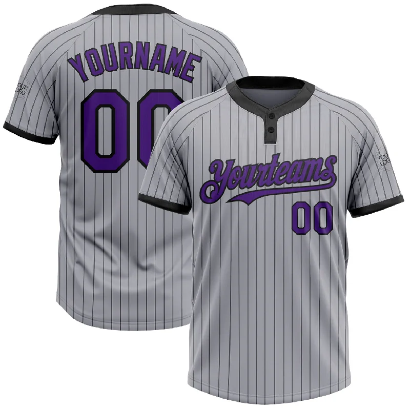 Breathable Softball Jersey for Quick Movements-Custom Gray Black Pinstripe Purple Two-Button Unisex Softball Jersey