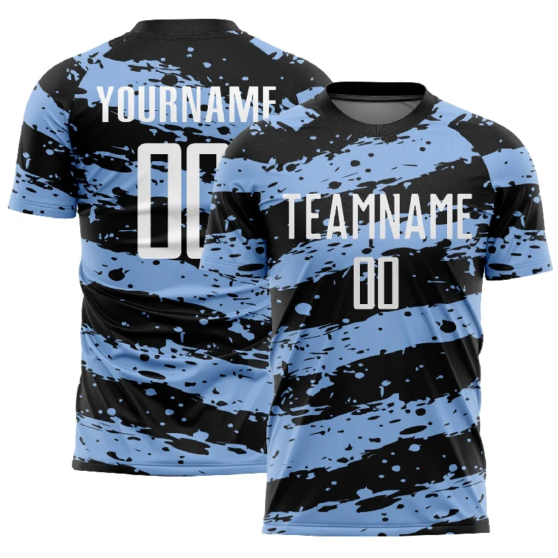 Football Jersey for Family Sports Events-Custom Black White-Light Blue Splash Sublimation Soccer Uniform Jersey