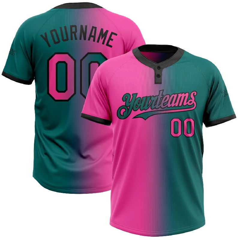 Softball Jersey with Comfortable Fit for Game Days-Custom Teal Pink-Black Gradient Fashion Two-Button Unisex Softball Jersey