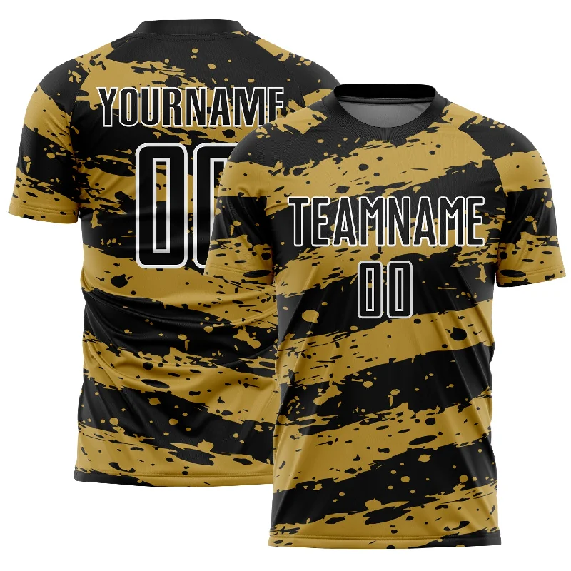 Athletic Football Jersey for High-Intensity Games-Custom Black Old Gold-White Splash Sublimation Soccer Uniform Jersey