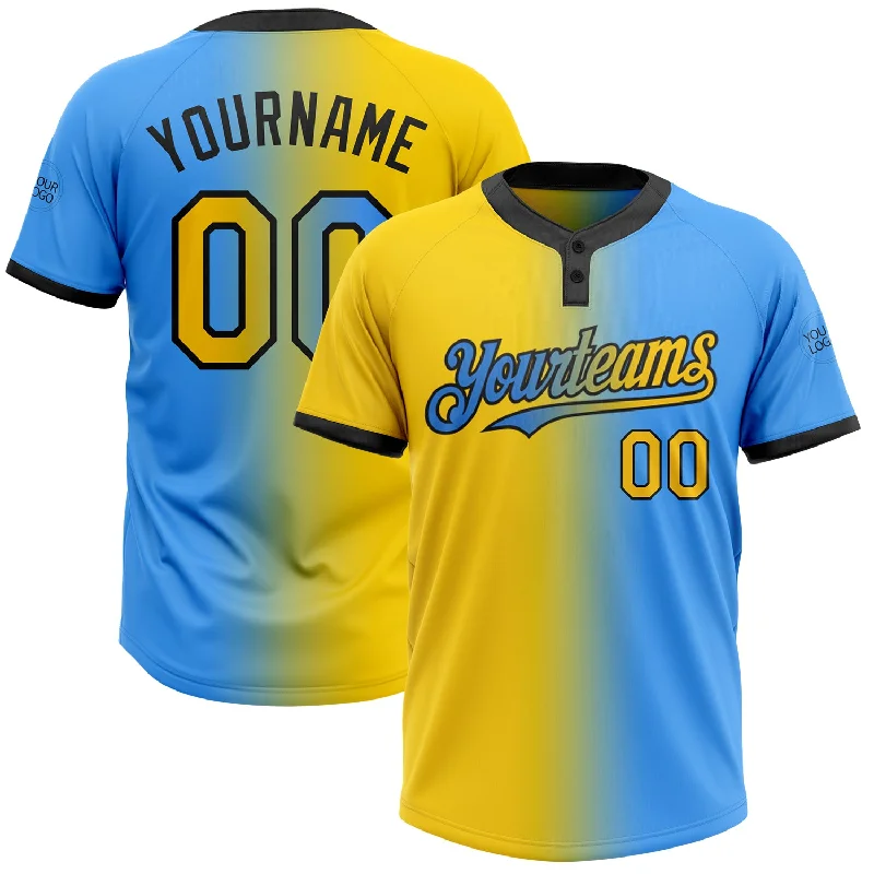 Sports Softball Jersey with Moisture-Wicking Technology-Custom Electric Blue Yellow-Black Gradient Fashion Two-Button Unisex Softball Jersey