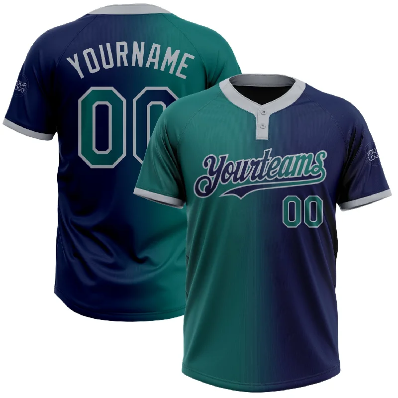 Comfortable Softball Jersey for Kids’ Leagues-Custom Navy Teal-Gray Gradient Fashion Two-Button Unisex Softball Jersey